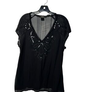 Desigual Black V-Neck Embellished Women's Top,fray,sequins,missing a few beads.